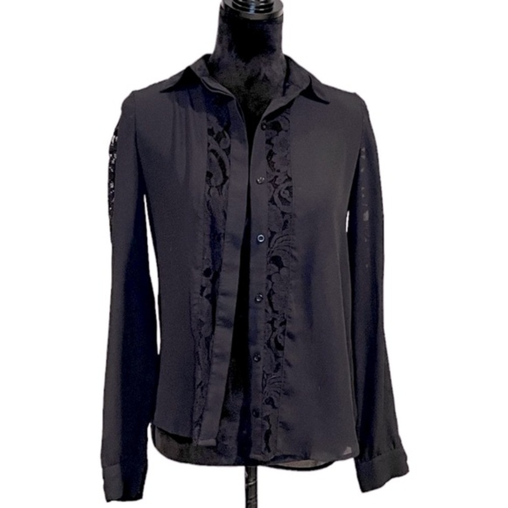 Mossino Black Lace Inset Sheer Sleeve Button Front Blouse XS Romantic Goth - Picture 3 of 9
